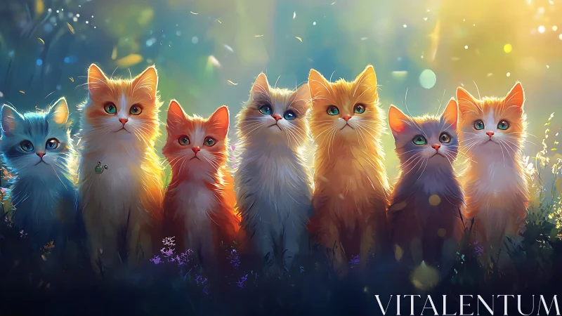 Seven Luminous Kittens Gathered in Ethereal Golden Radiance