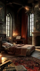 Candlelit castle bedroom wrapped in storybook warmth and quiet.