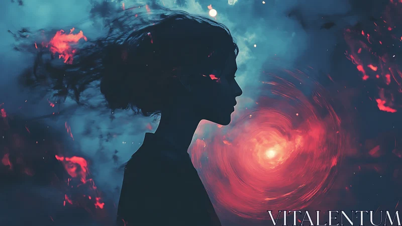 Stargazer silhouette adrift in swirling cosmic ember storm.