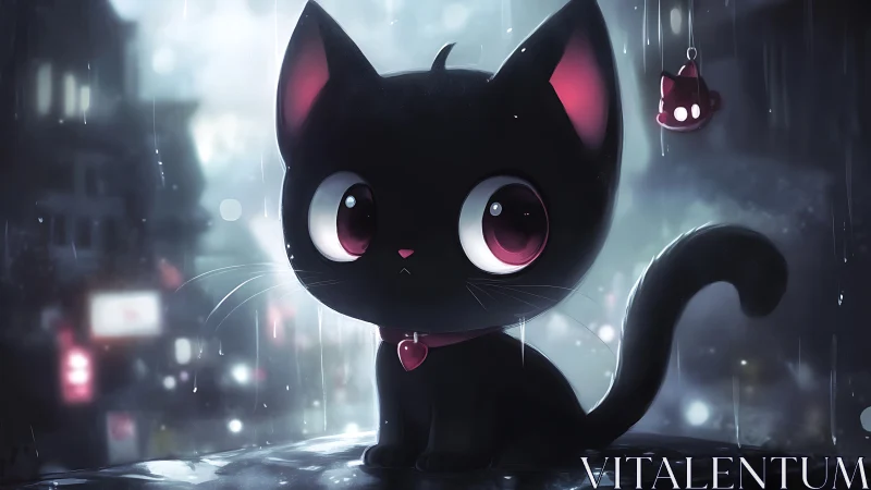 Black Cat with Luminous Eyes in Rainy Cyberpunk City.