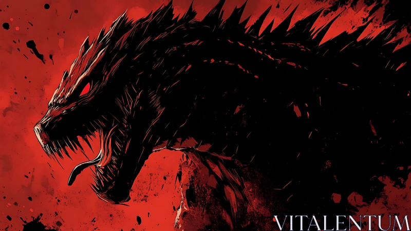 Monochrome kaiju silhouette under eruptive red chroma field.