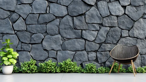 Modern patio with stone wall, rattan chair and green plants.