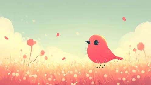 Coral-hued avian specimen positioned within gradient meadow landscape