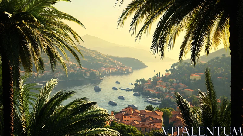 Mediterranean Coastal Town Through Palm Fronds