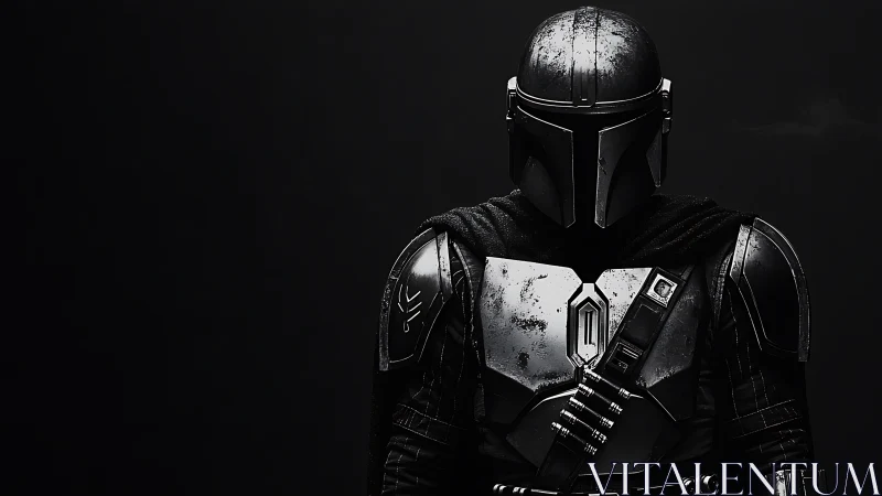Armored sci‑fi warrior stands in shadowed monochrome light.