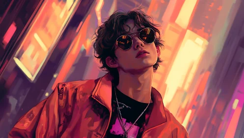 Neon-soaked city portrait of youth in reflective shades.