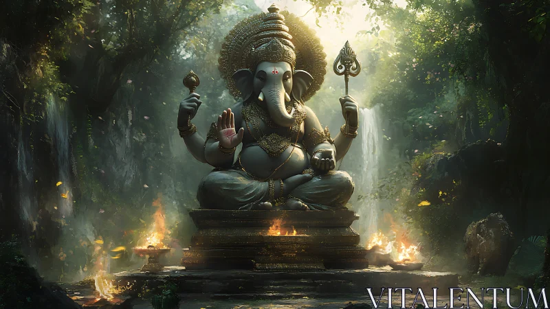 Forest-lit elephant deity throned in emerald misted shrine.