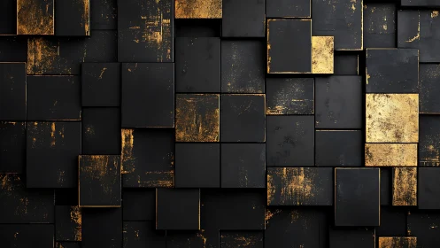 Layered black and gold panels create bold geometric drama.
