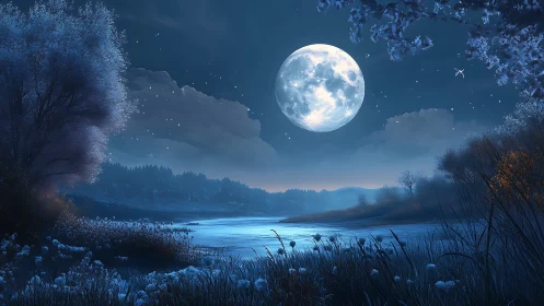 Luminous full moon over frosted river in cinematic blue night.