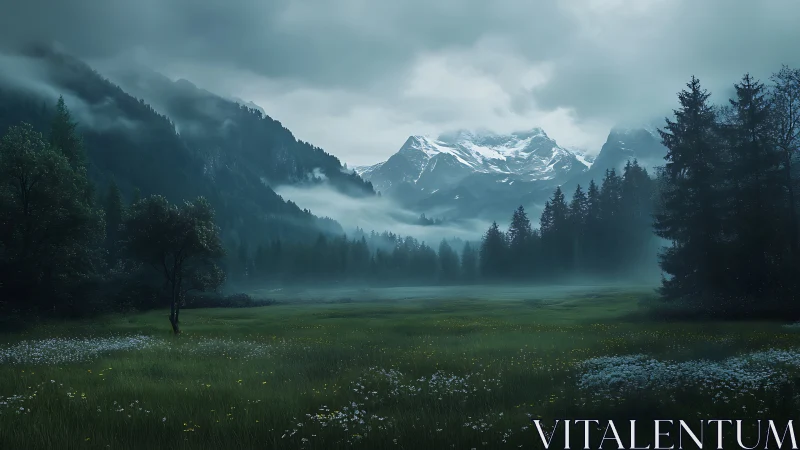 Moody alpine valley with mist-layered conifers and snowcapped massif
