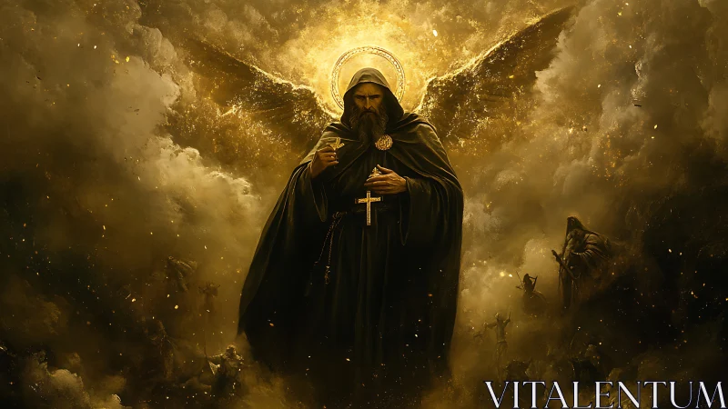 Digital painting of hooded angelic guardian in apocalyptic light.