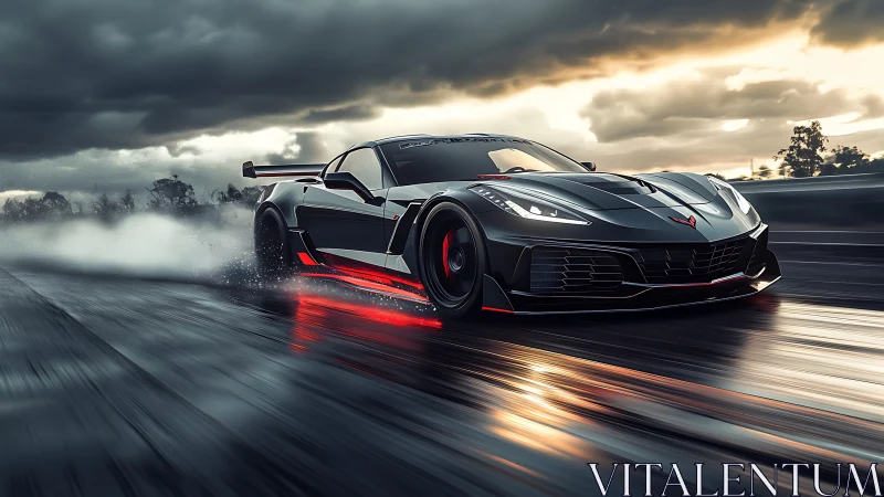 Black sports coupe on wet roadway under stormy sky.