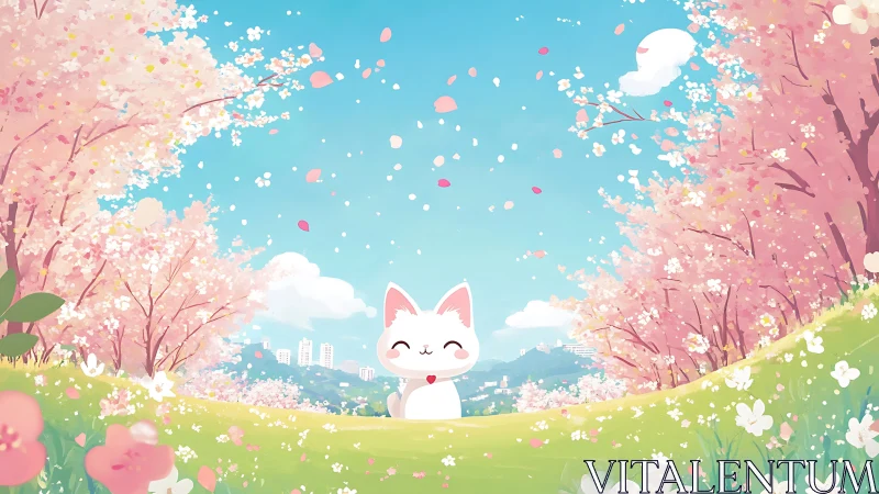 Cartoon cat in cherry blossom park with distant city skyline.