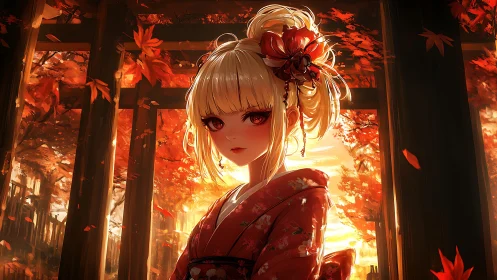 Autumn shrine maiden stands in glowing maple sunset light.