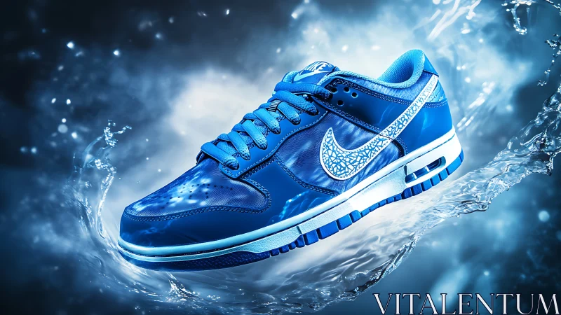 Electric blue sneaker floating in dynamic water splash glow.