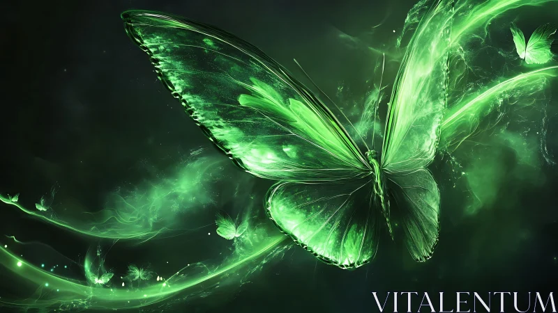 Luminous neon butterfly glides through a cosmic emerald haze