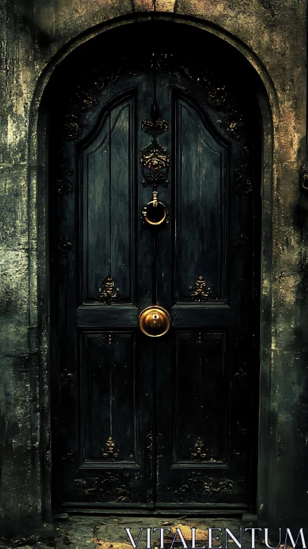 Ancient black wooden door gleams with ornate golden hardware.