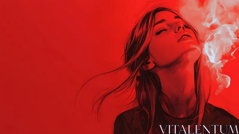 Woman in red digital portrait exhales smoke upward