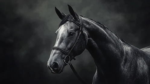 Midnight stallion portrait in dramatic low key lighting.