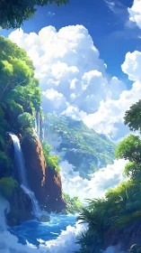 Lush waterfall canyon under towering white cloud formations.