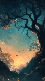 Enchanted twilight grove beneath a glowing celestial sky.