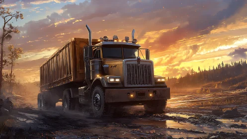 Heavy-duty truck traverses muddy road under dramatic sunset sky