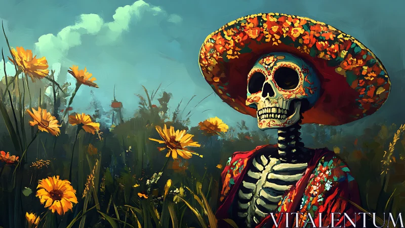 Floral skeleton in a sunny meadow celebrates vivid memories