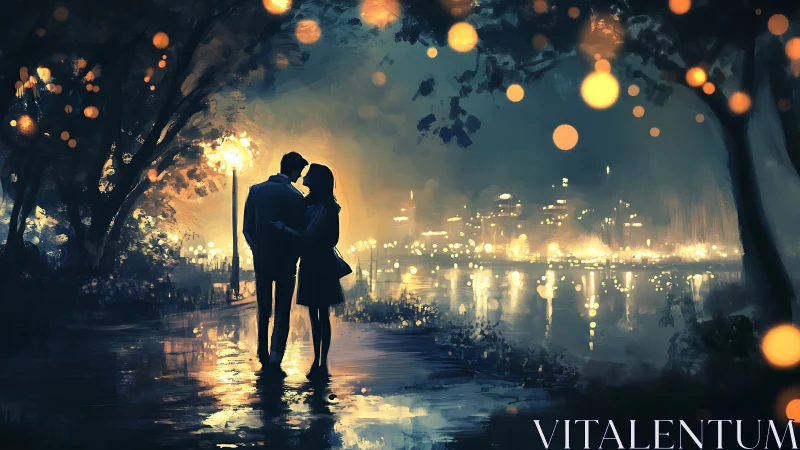 Silhouetted couple kissing on wet street at night with city lights
