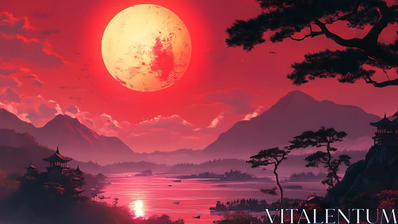 Digital painting of red lunar zen landscape with pagoda silhouettes.