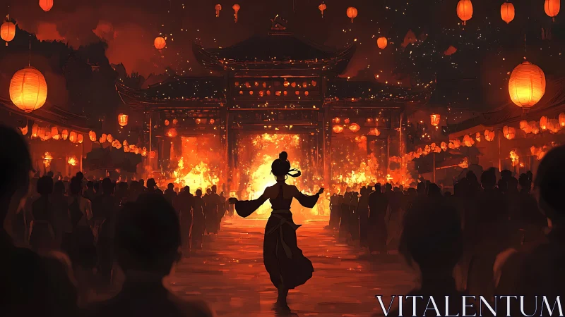 Silhouetted dancer before fiery lantern-lit temple scene.