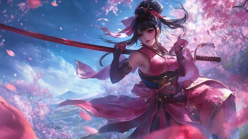 Cherry blossoms whirl as the crimson-blade samurai dances