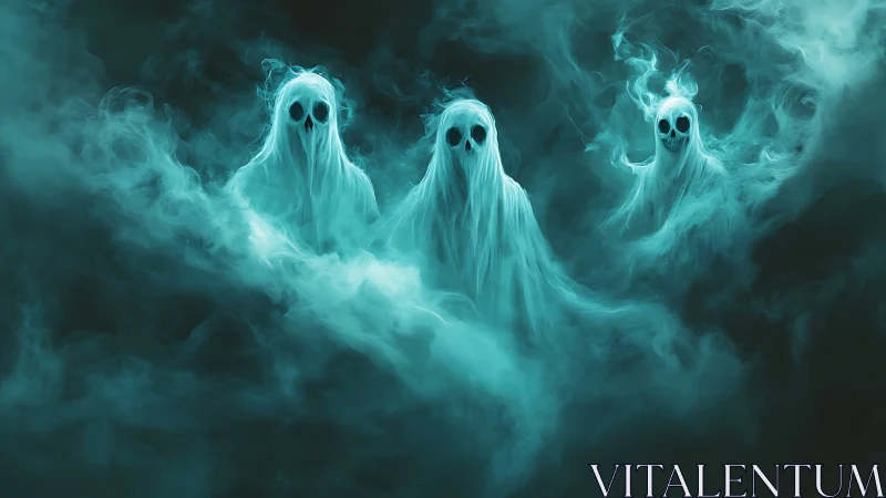 Three spectral skull figures in teal vaporous environment.