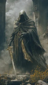 Hooded wraith warrior dominates ruined archway in moody chiaroscuro