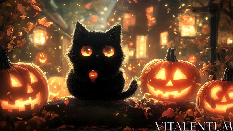 Black Cat with Glowing Eyes Seated Among Illuminated Jack-O'-Lanterns