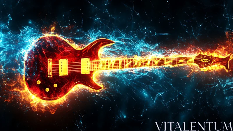 Electric guitar igniting in blue and orange energy storm.