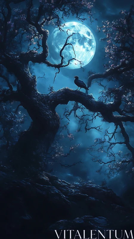 Lunar backlit raven on gnarled nocturnal canopy silhouette.