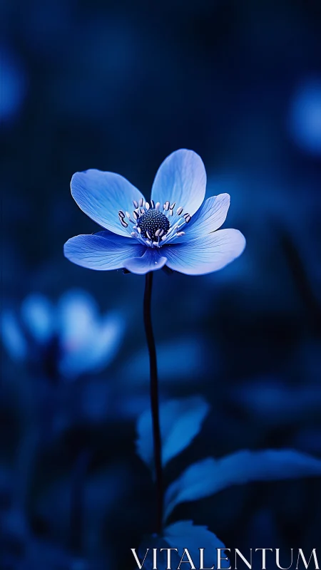 Blue wildflower macro under deep twilight bokeh glow.