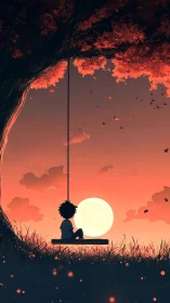 Boy on twilight swing silhouetted against rising moon.