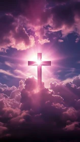 Radiant cross glows through violet clouds at heavenly dusk