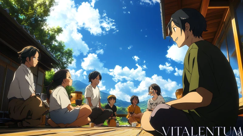 Summer gathering of friends on a sunny wooden porch.