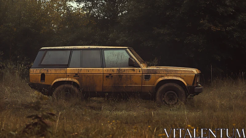 Mud-splashed forest rover dozing in amber twilight hush.