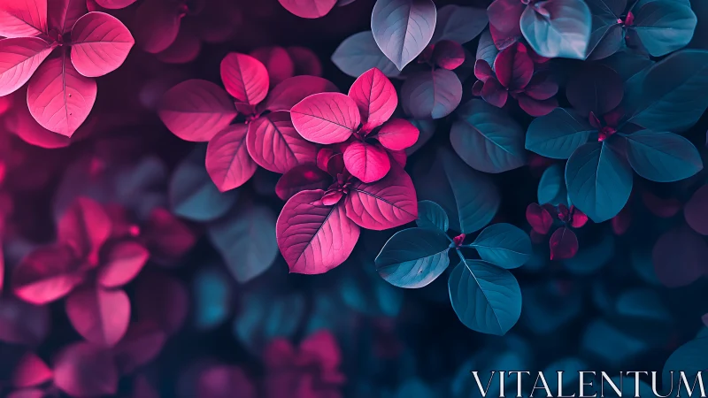 Digital floral composition with neon-tinted leaves against dark background