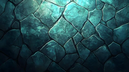 Cracked turquoise stone wall texture with teal lighting, digital art.