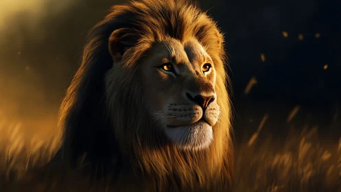 Sunlit lion king brooding in embers of the fading savanna.