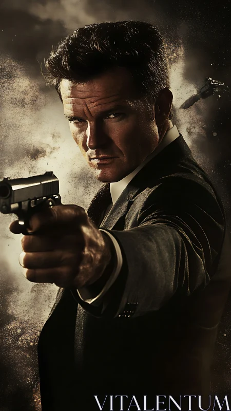 Photorealistic noir assassin portrait with dynamic gun foreshortening.