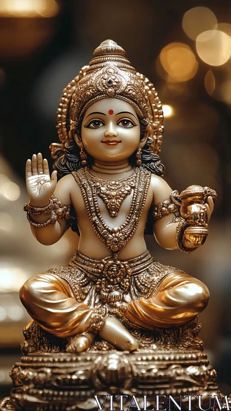 Golden child deity statue with ornate jewelry details.
