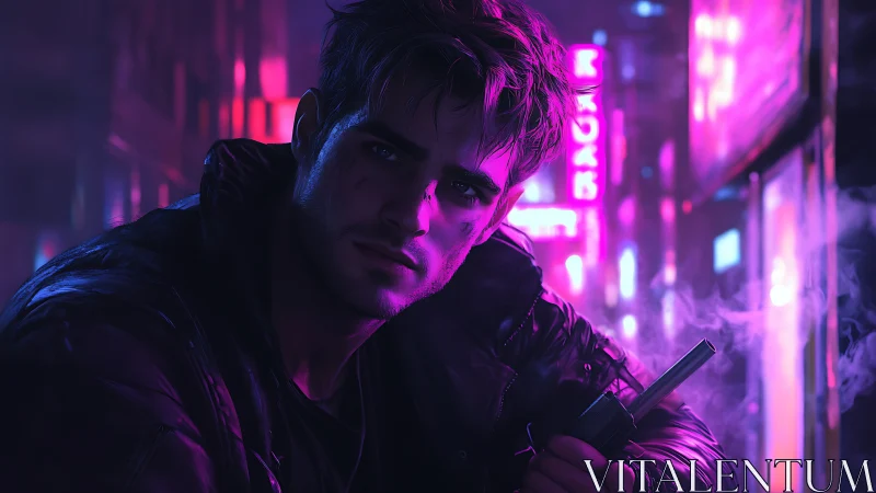 Neon-soaked vigilante brooding in rain-slick cyber alleyway.