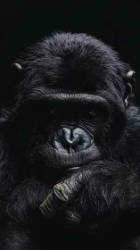 Brooding gorilla portrait in dramatic low key lighting.