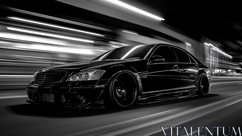 Black sedan in motion on night street with blurred lights.