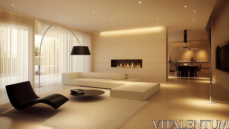 Sculpted minimal lounge aglow with ribbon-fire serenity.